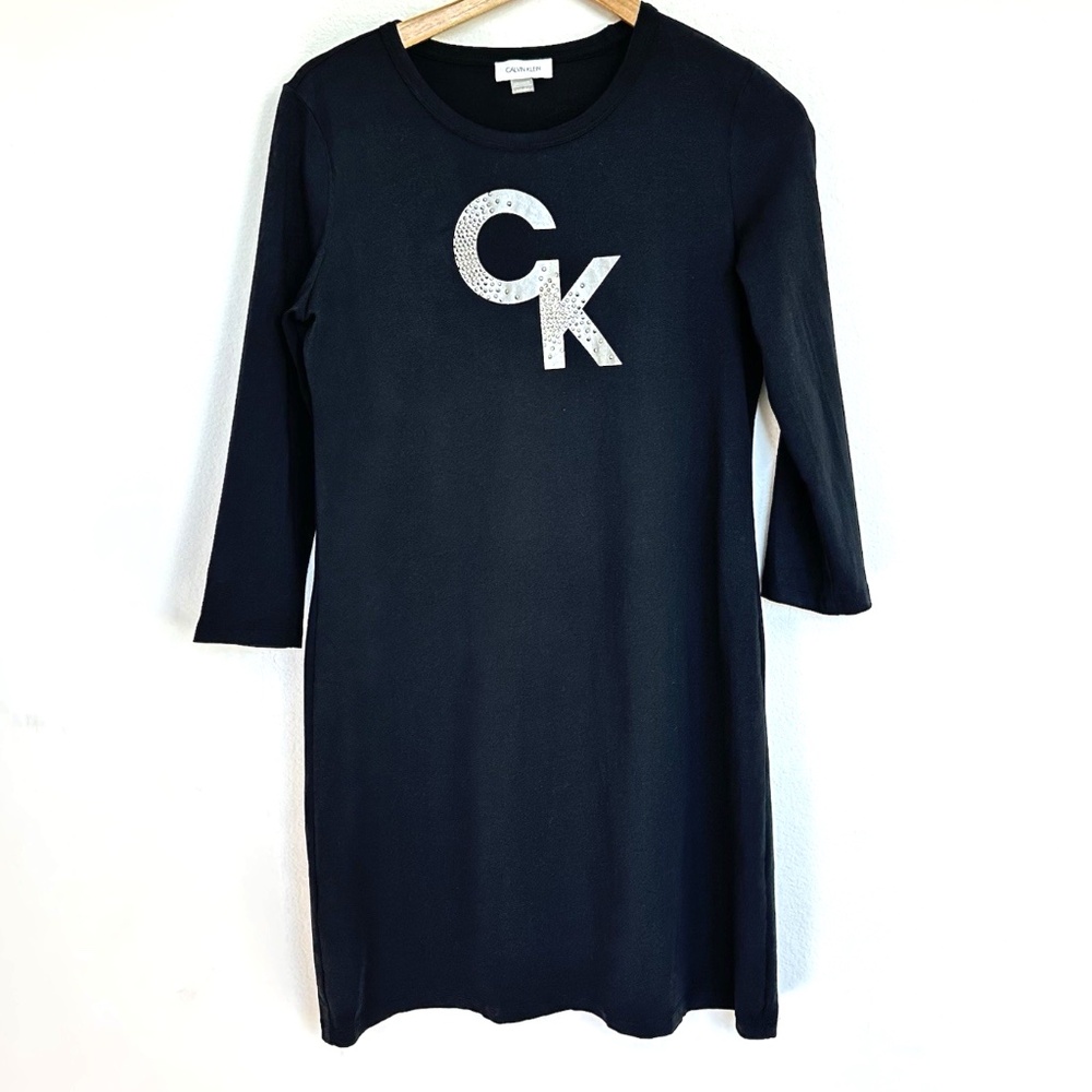 Calvin Klein Black Cotton T-Shirt Dress ~Medium~Silver CK Spell-Out  3/4 Sleeve